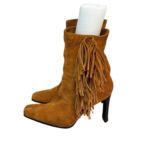 Predictions Tan Suede Fringe Heeled Boots 8.5 Western Boho - Picture 3 of 4